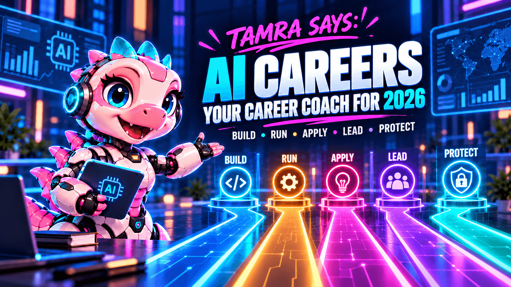 Tamra the pink cyber-dinosaur career coach guides five AI career paths: Build, Run, Apply, Lead, and Protect