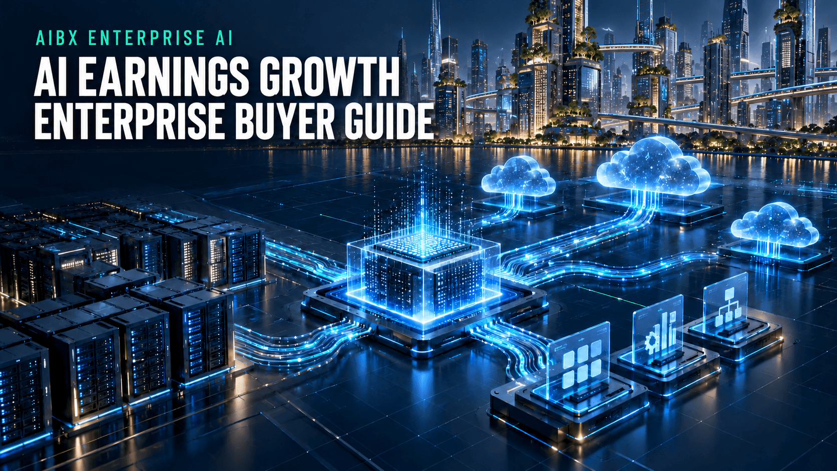 AI infrastructure, cloud systems, and enterprise data flows with an upward earnings chart