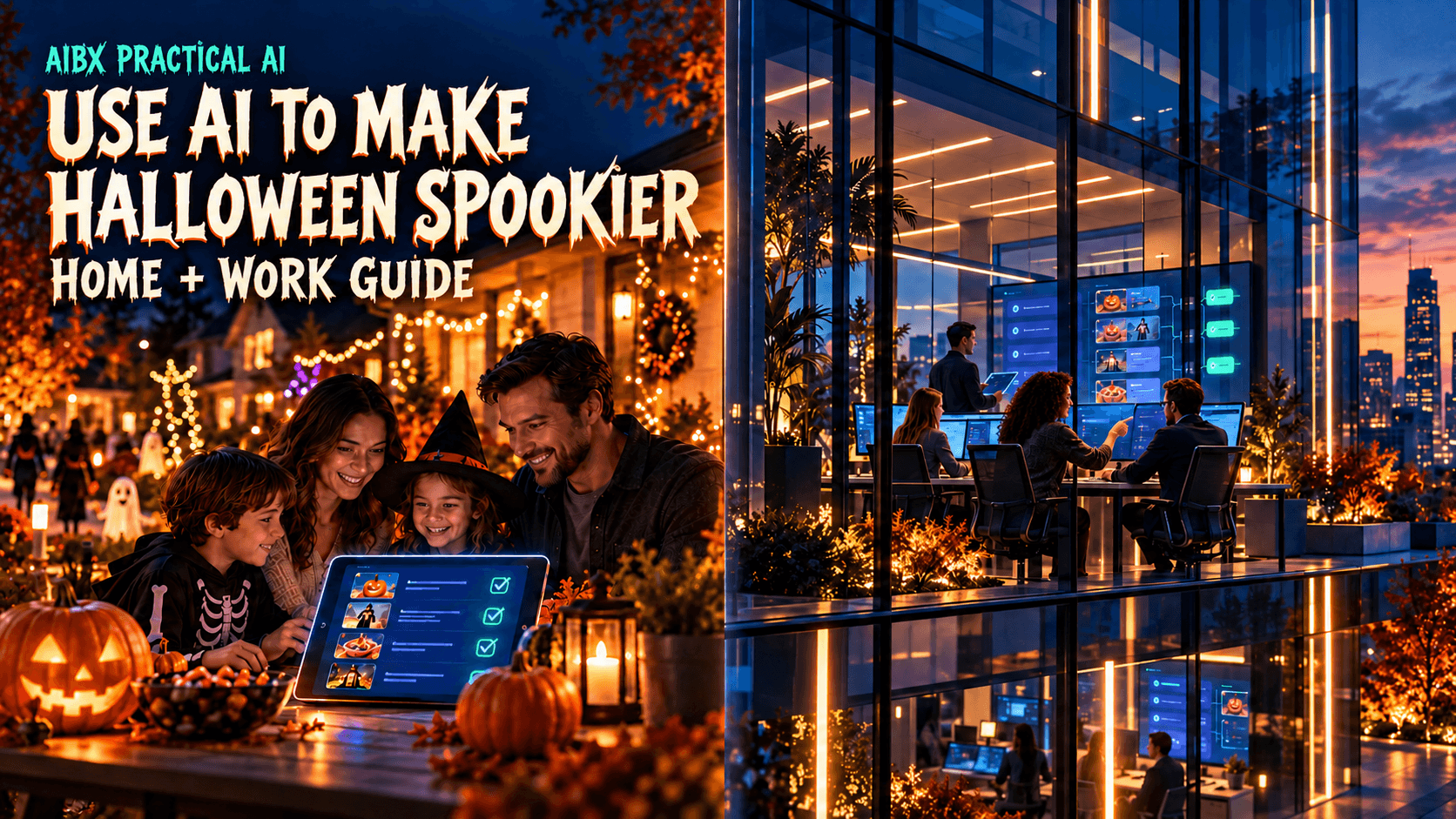 A family Halloween table and a glowing office building connected by practical AI workflows