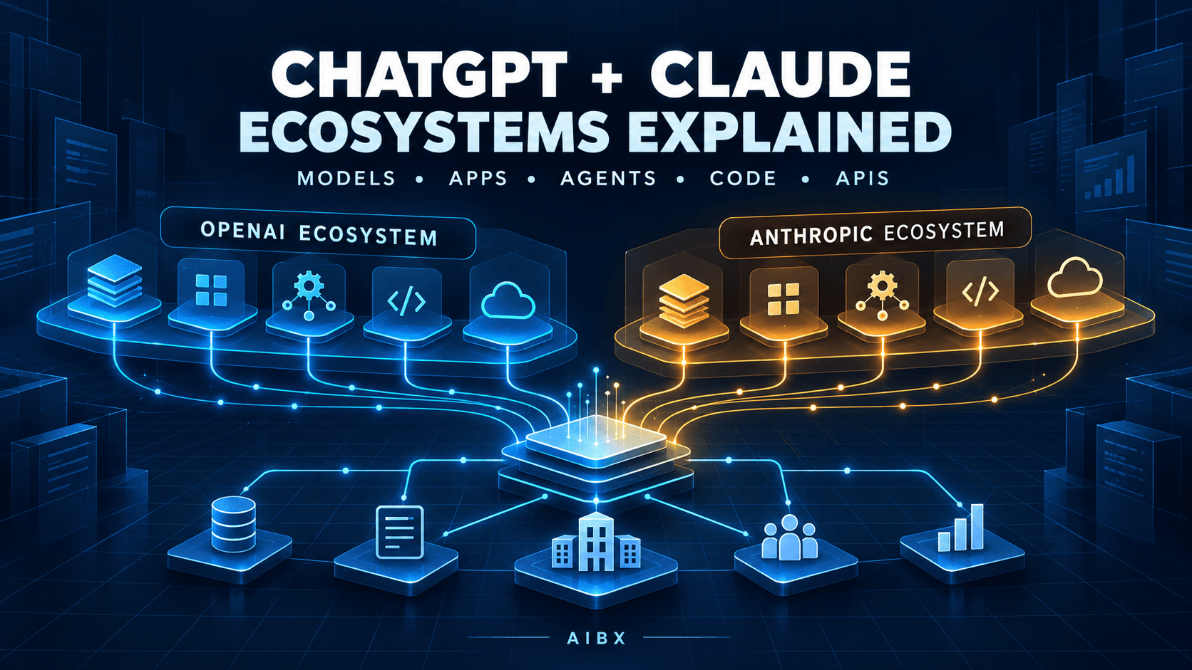 AIBX diagram showing ChatGPT and Claude ecosystem layers flowing into enterprise systems