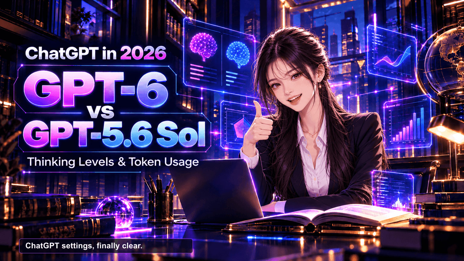 Tamra, AIBX’s dark-haired AI-lawyer guide, smiles and gives a thumbs-up beside a GPT-6 and GPT-5.6 Sol comparison in a futuristic library, with the line ‘ChatGPT settings, finally clear.’