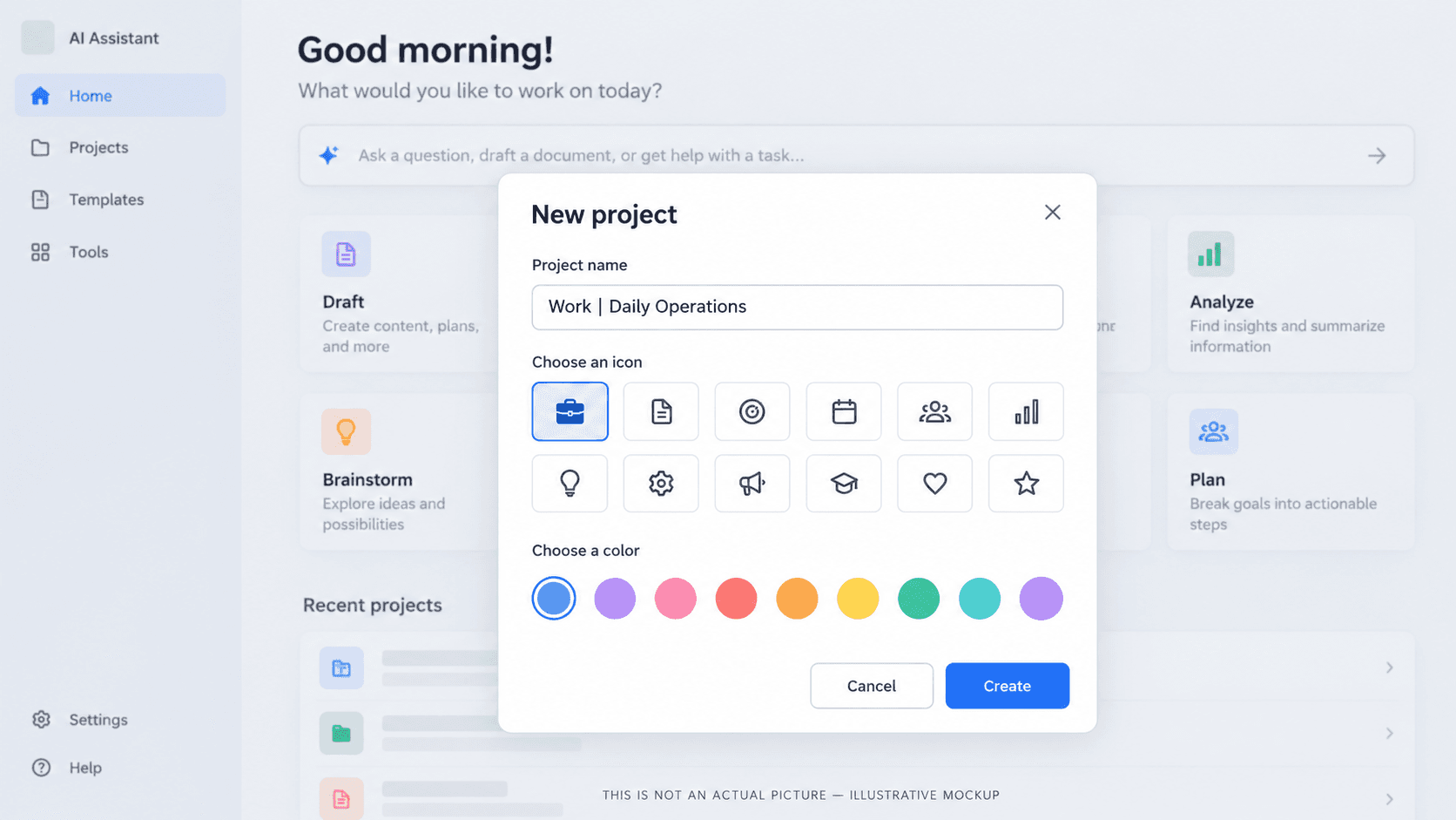 Illustrative mockup of a new AI assistant project dialog with name, icon, and color controls