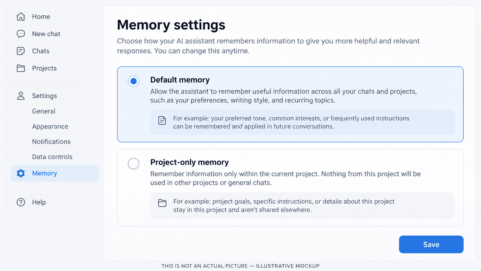 Illustrative mockup of ChatGPT-style Default memory and Project-only memory controls