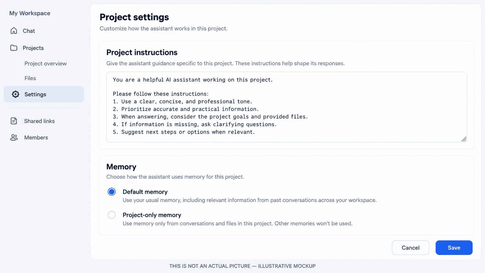 Illustrative mockup of project settings with instructions and memory controls