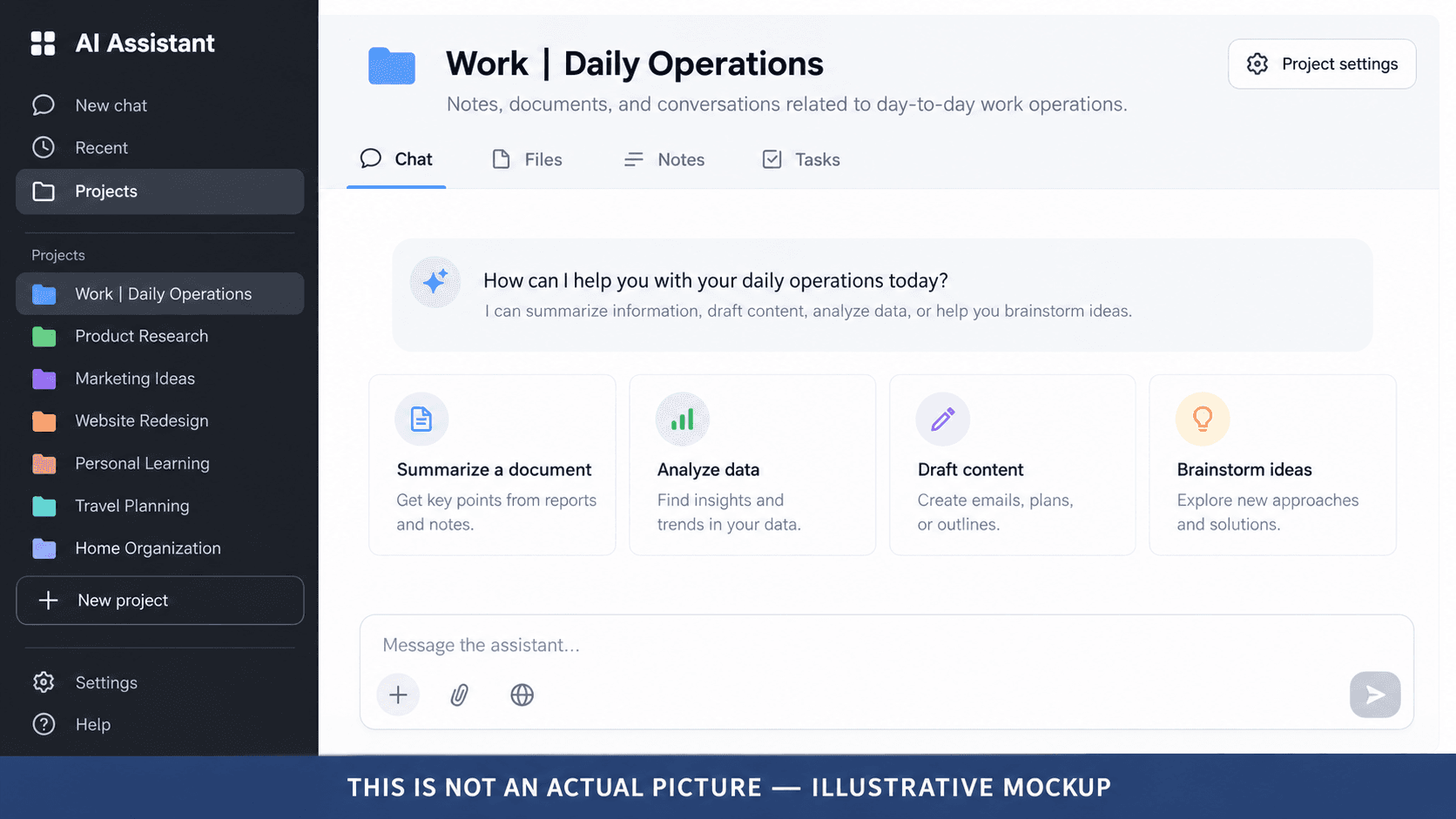 Illustrative mockup of an AI assistant Projects sidebar with New project