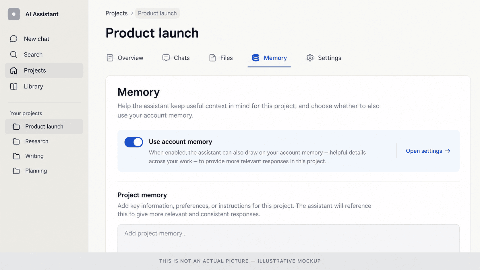 Illustrative mockup of a Claude-style Project memory page with Use account memory toggle