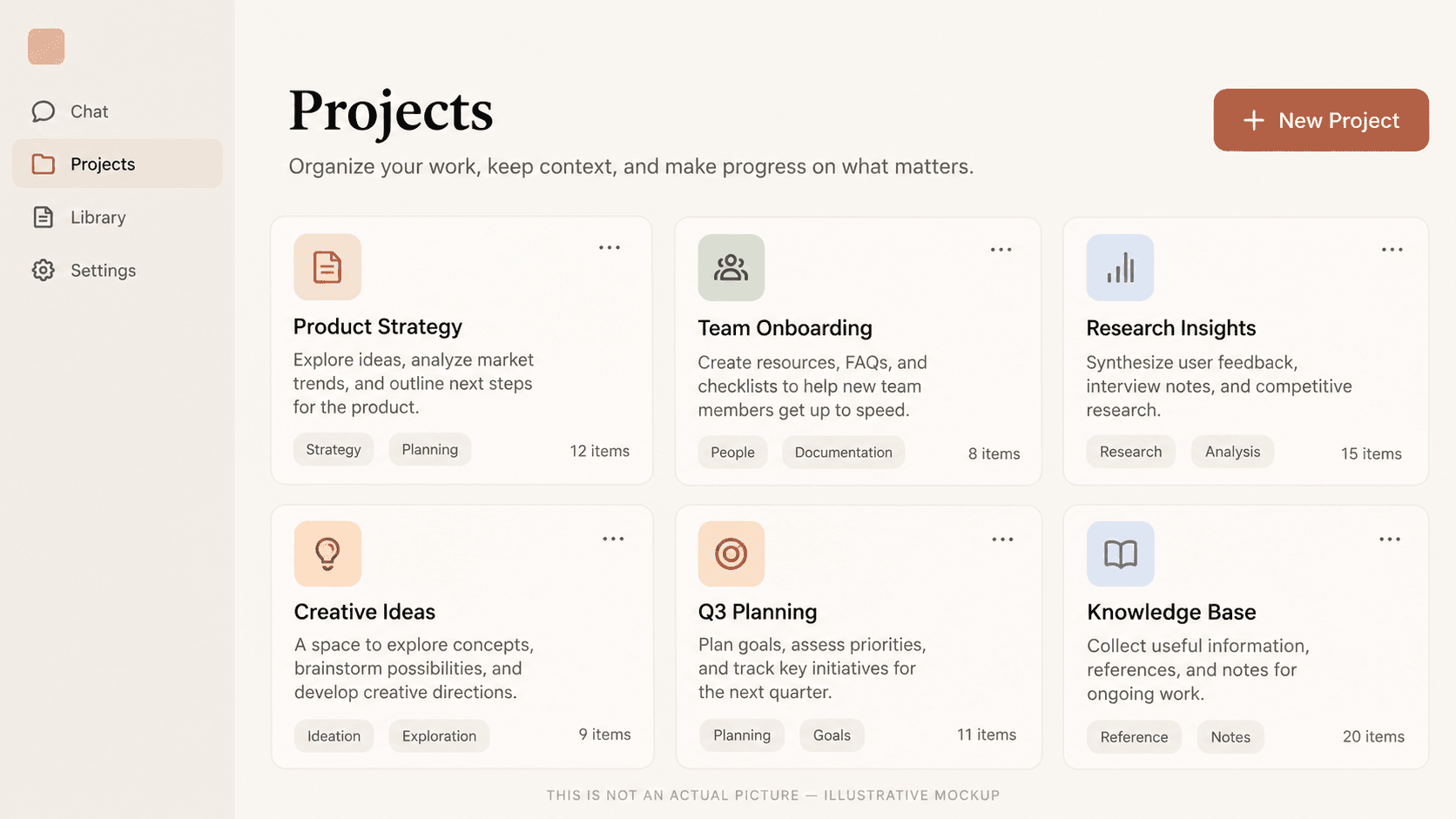 Illustrative mockup of a Claude-style Projects page with New Project