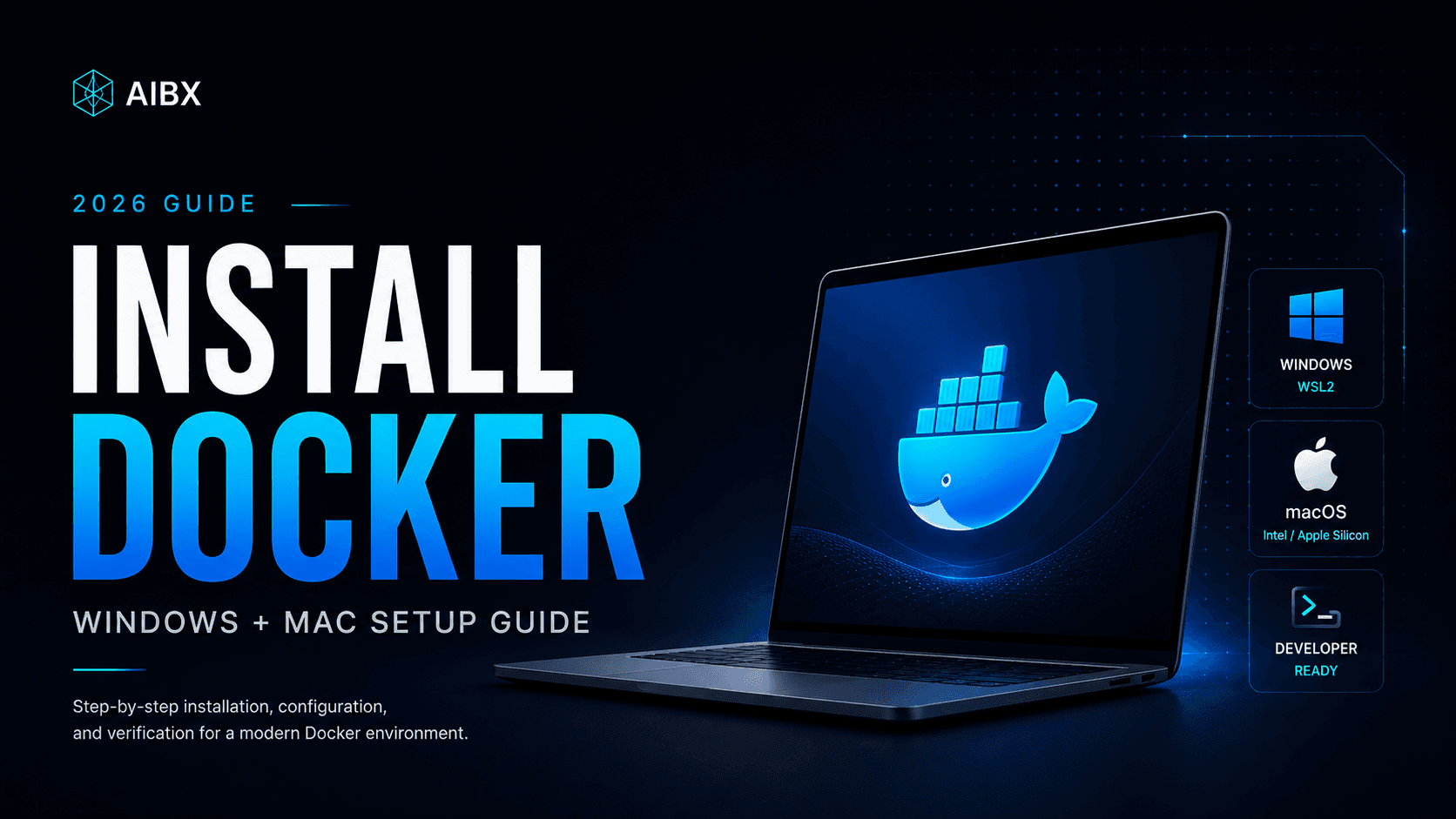 AIBX guide visual for installing Docker on Windows and Mac with Docker Desktop and modern development workflows