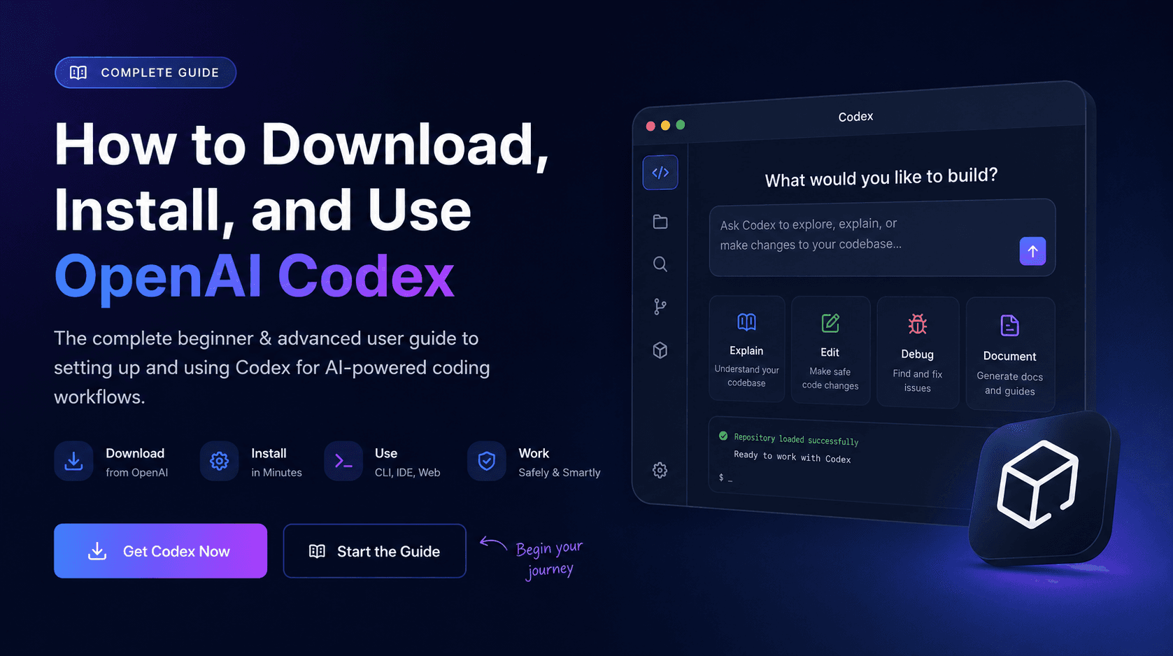 OpenAI Codex setup guide hero image for downloading, installing, and using Codex