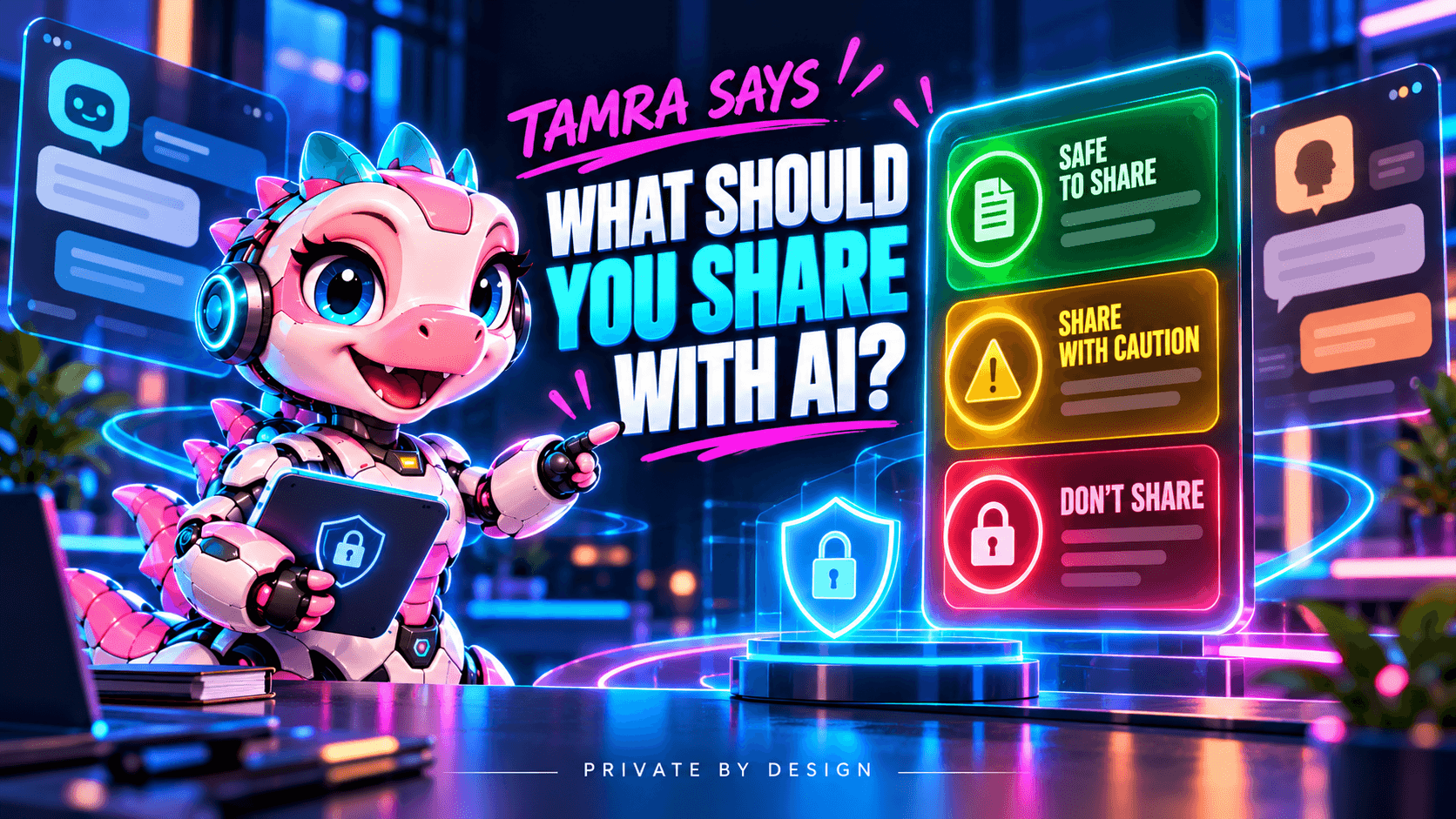 Tamra the pink cyber dragon pointing to a green yellow and red AI privacy guide