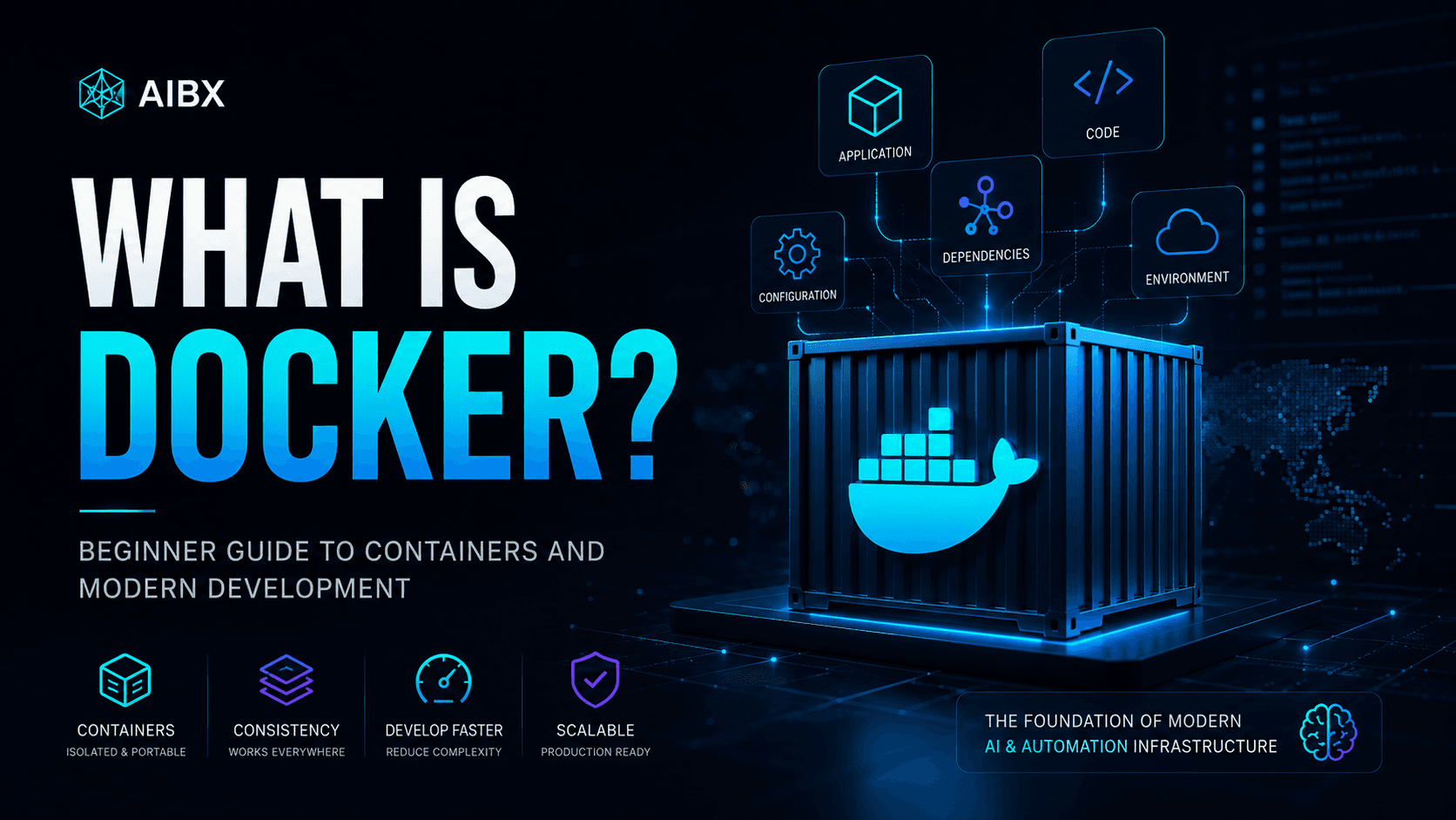 AIBX Docker beginner guide visual for containers, AI infrastructure, and modern development